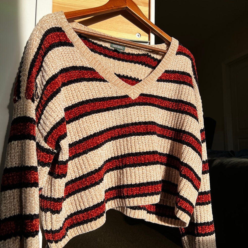 Striped V-Neck Cropped Sweater with Fall Colors